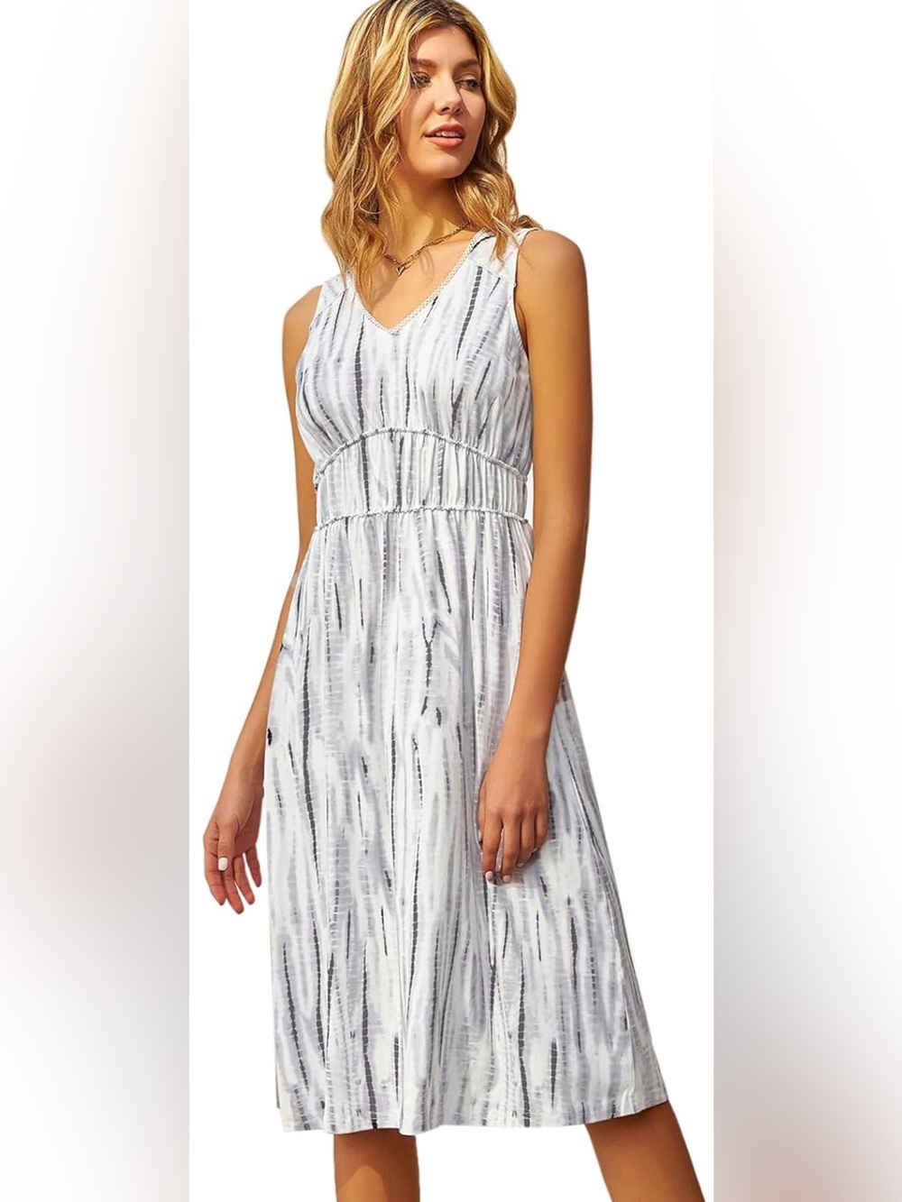 Grace Karin White & Light Gray Sleeveless V-Neck Midi Dress